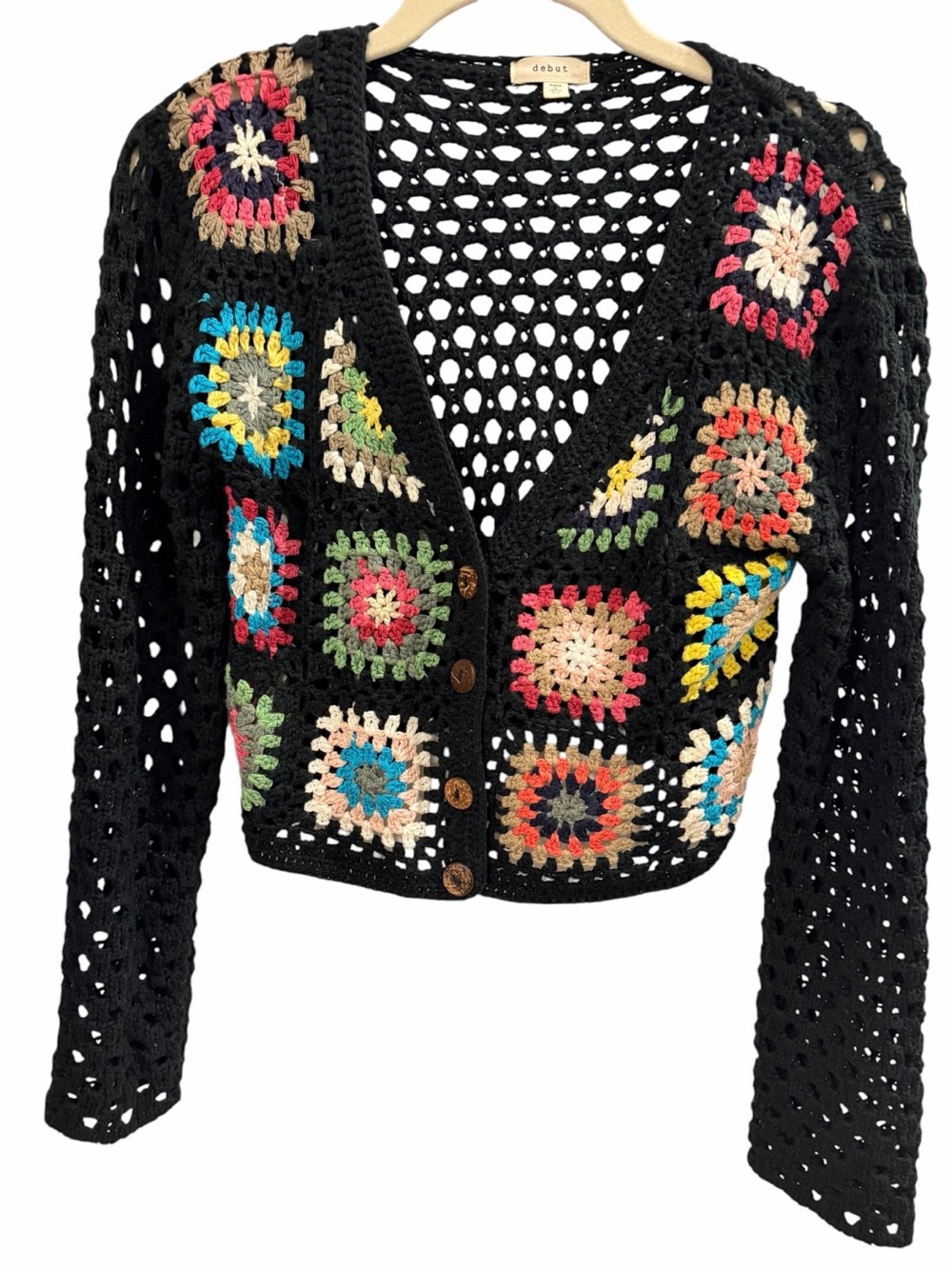 debut Black Crochet Granny Square Cardigan with Multicolor Accents